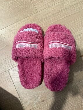 Balenciaga Pink Fuzzy Slide Slippers